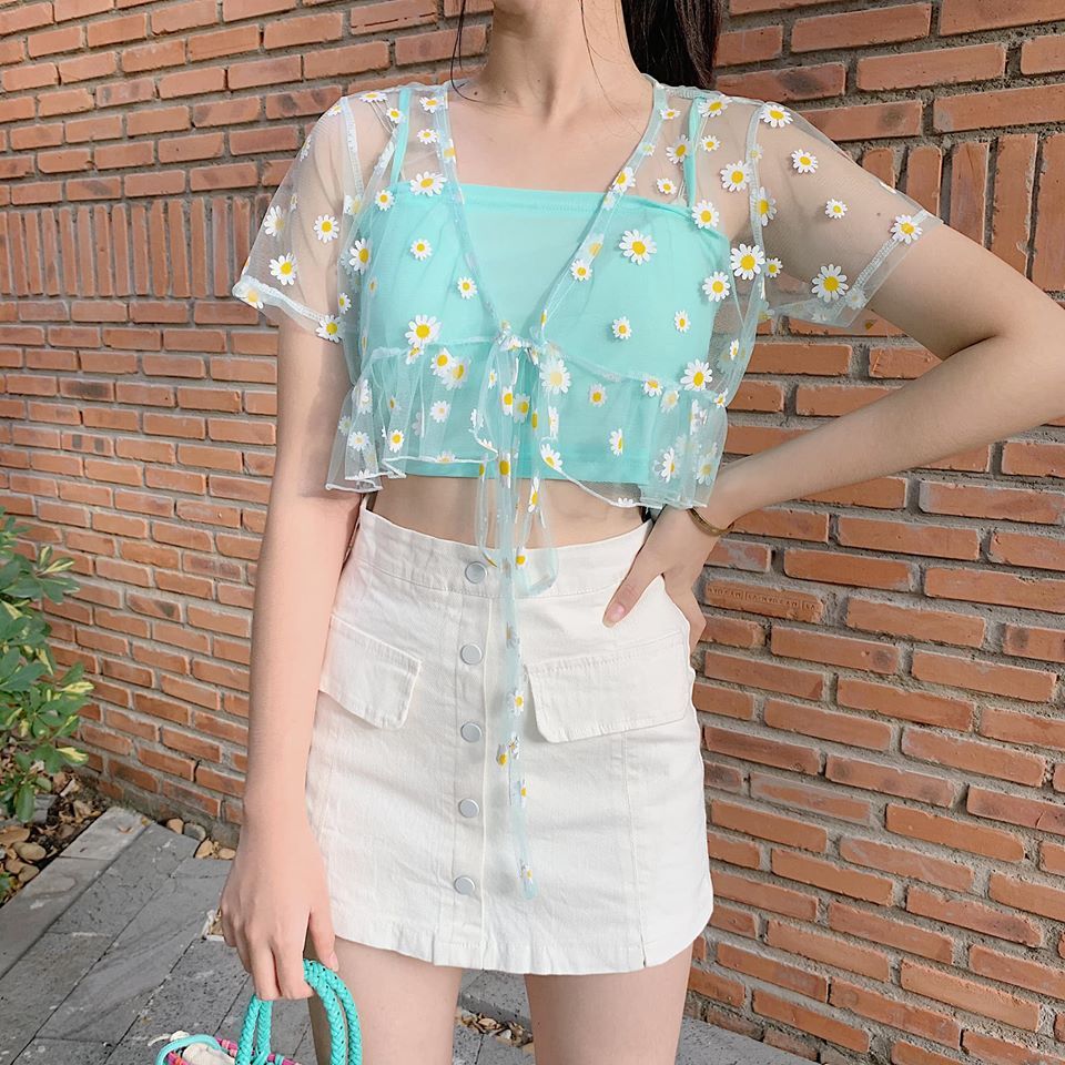 Set áo dây kèm áo lưới hoa cúc