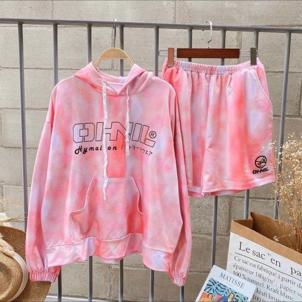 Set hoodie hồng loang + short