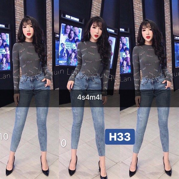 Quần jean ôm lưng cao wash gối rách lai