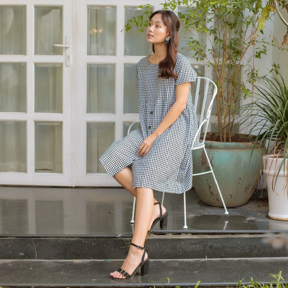 Đầm bầu tay ngắn sọc caro (có túi) Hinata DB004