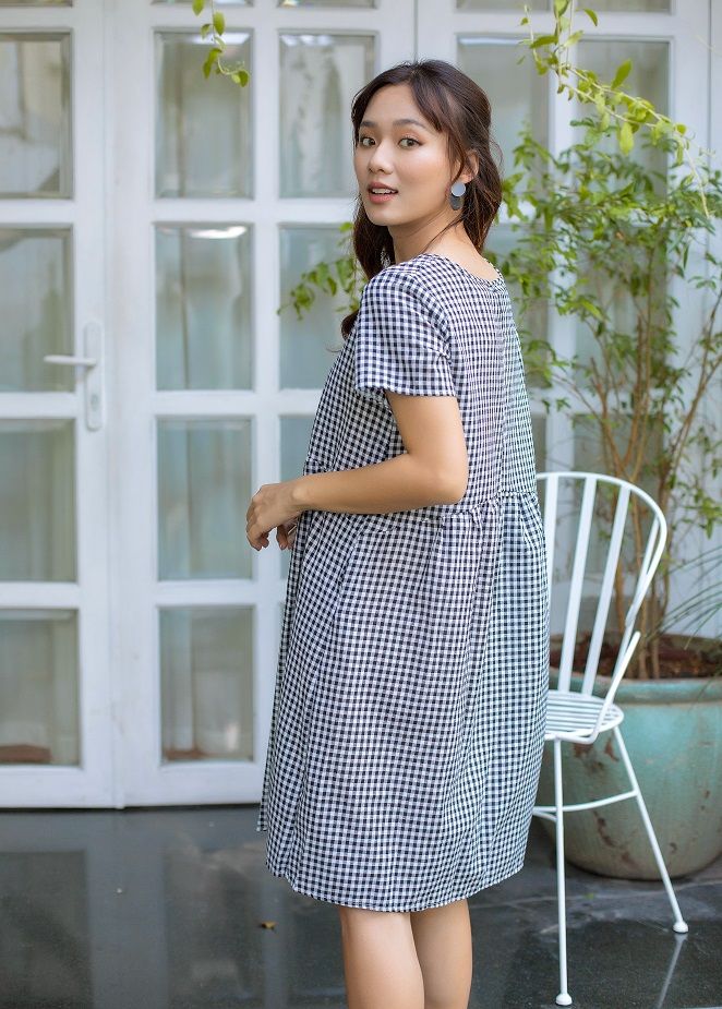 Đầm bầu tay ngắn sọc caro (có túi) Hinata DB004