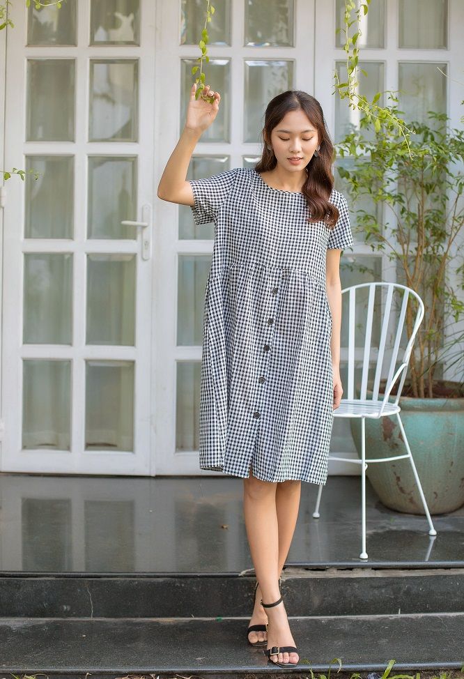 Đầm bầu tay ngắn sọc caro (có túi) Hinata DB004