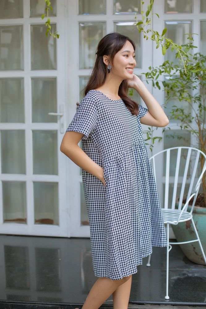Đầm bầu tay ngắn sọc caro (có túi) Hinata DB004