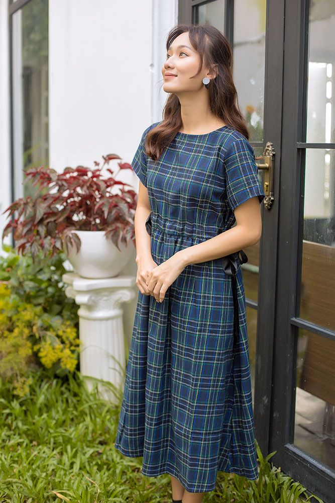 Đầm bầu caro phối nơ (phần eo) DB009
