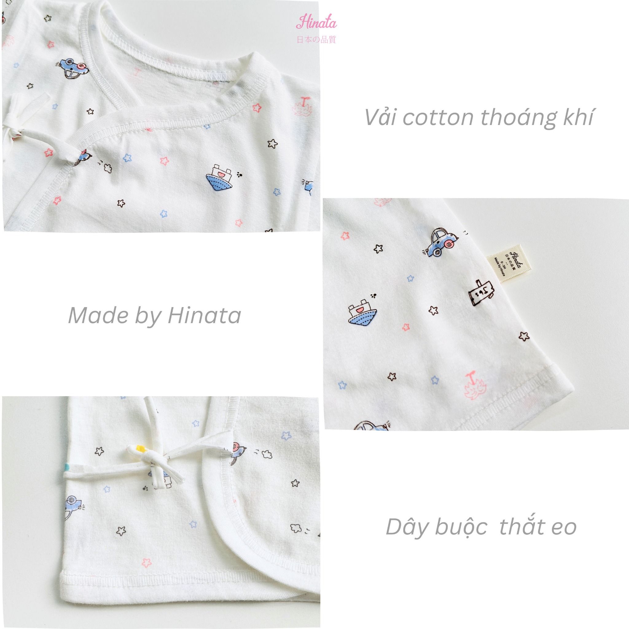  [03 Áo] Áo sơ sinh tay dài cài lệch chất cotton siêu mềm mịn Hinata A01 