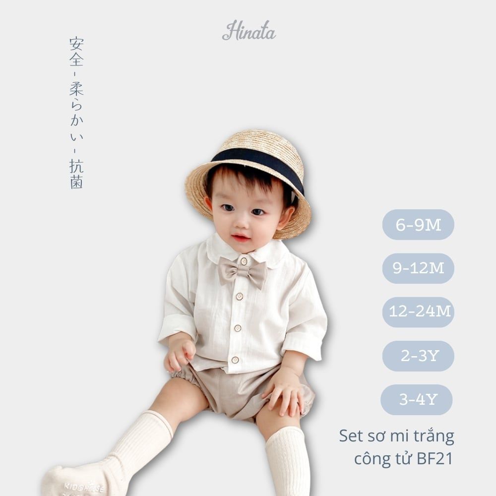 Set áo trắng quần ngắn phối nơ Hinata cho bé trai BF21