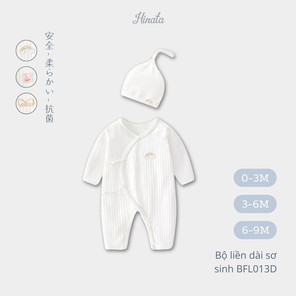 (02Set) Bộ liền dài tay cho bé sơ sinh từ 0-9 tháng BFL013D ( có kèm mũ )