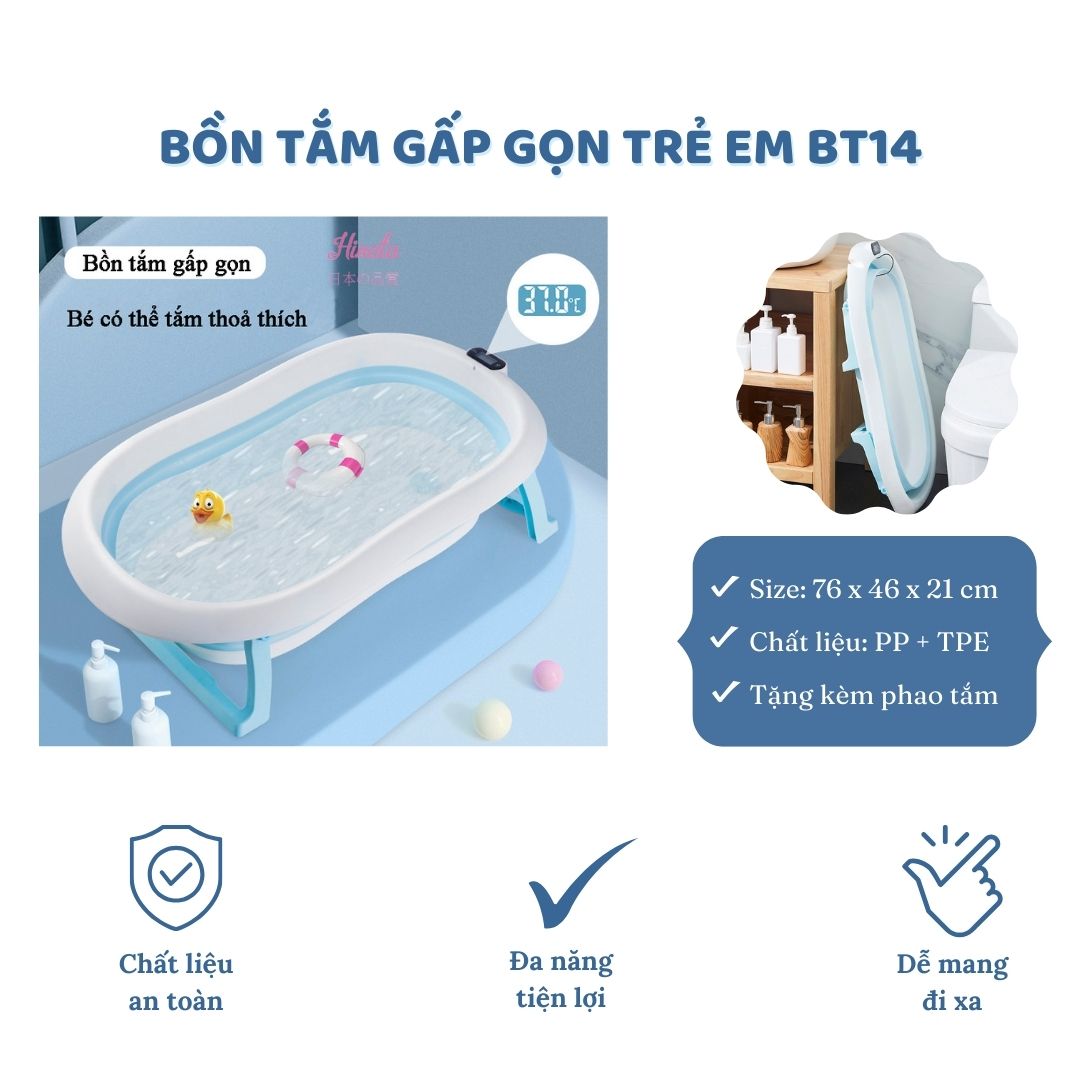 Bồn tắm gấp gọn có nhiệt kế cho trẻ em BT14 - Tặng kèm phao tắm ngôi sao