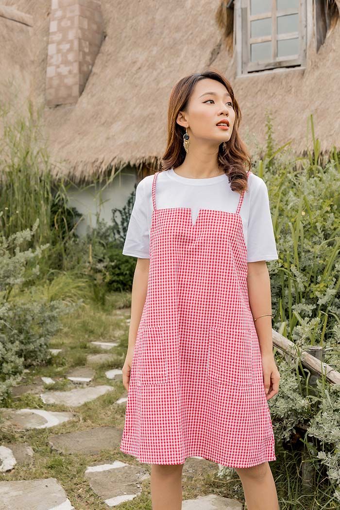 Đầm bầu phối yếm sọc caro Hinata DB008