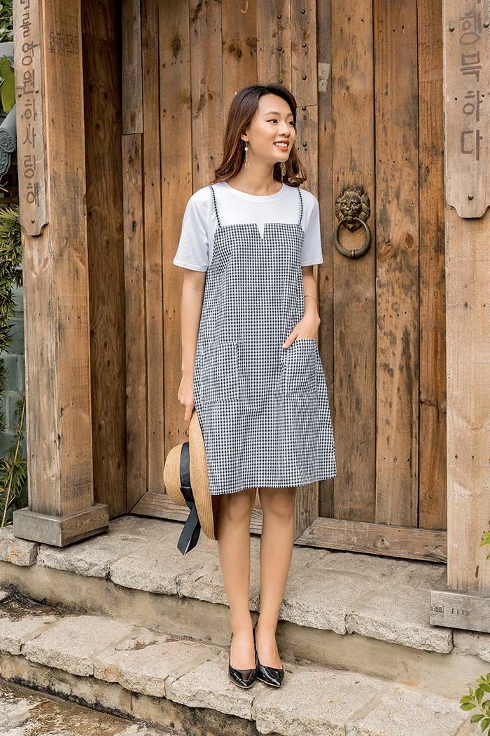 Đầm bầu phối yếm sọc caro Hinata DB008