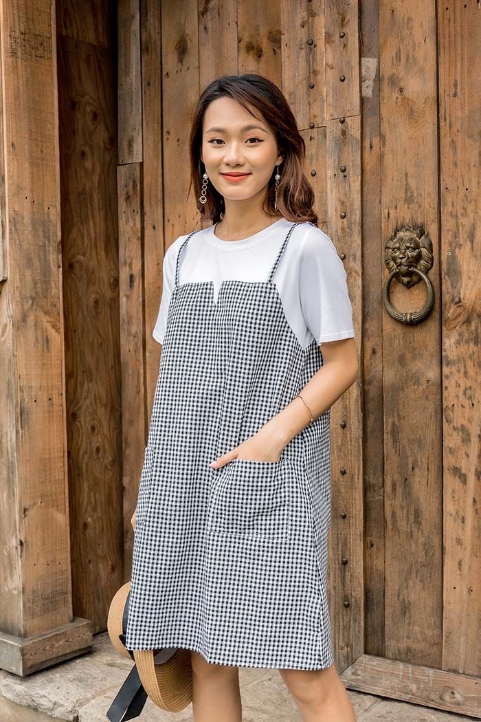 Đầm bầu phối yếm sọc caro Hinata DB008