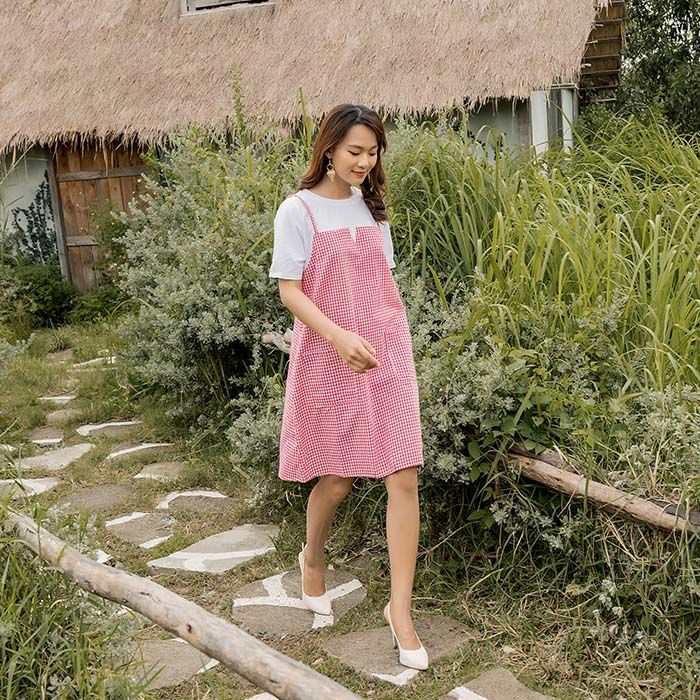 Đầm bầu phối yếm sọc caro Hinata DB008