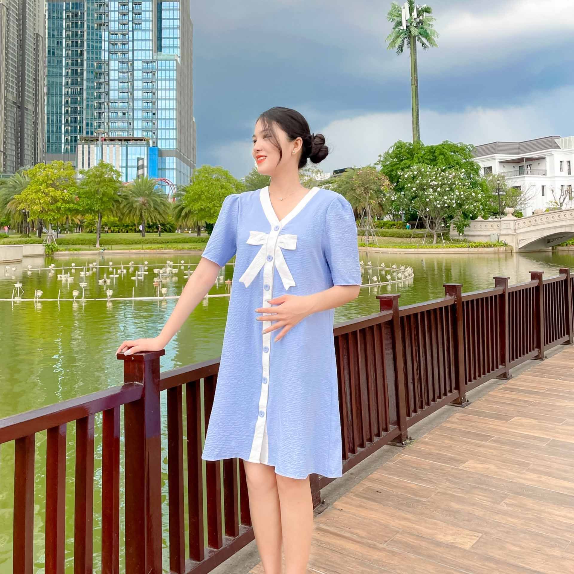 (SALE) Đầm bầu chữ A phối nơ Hinata DB014