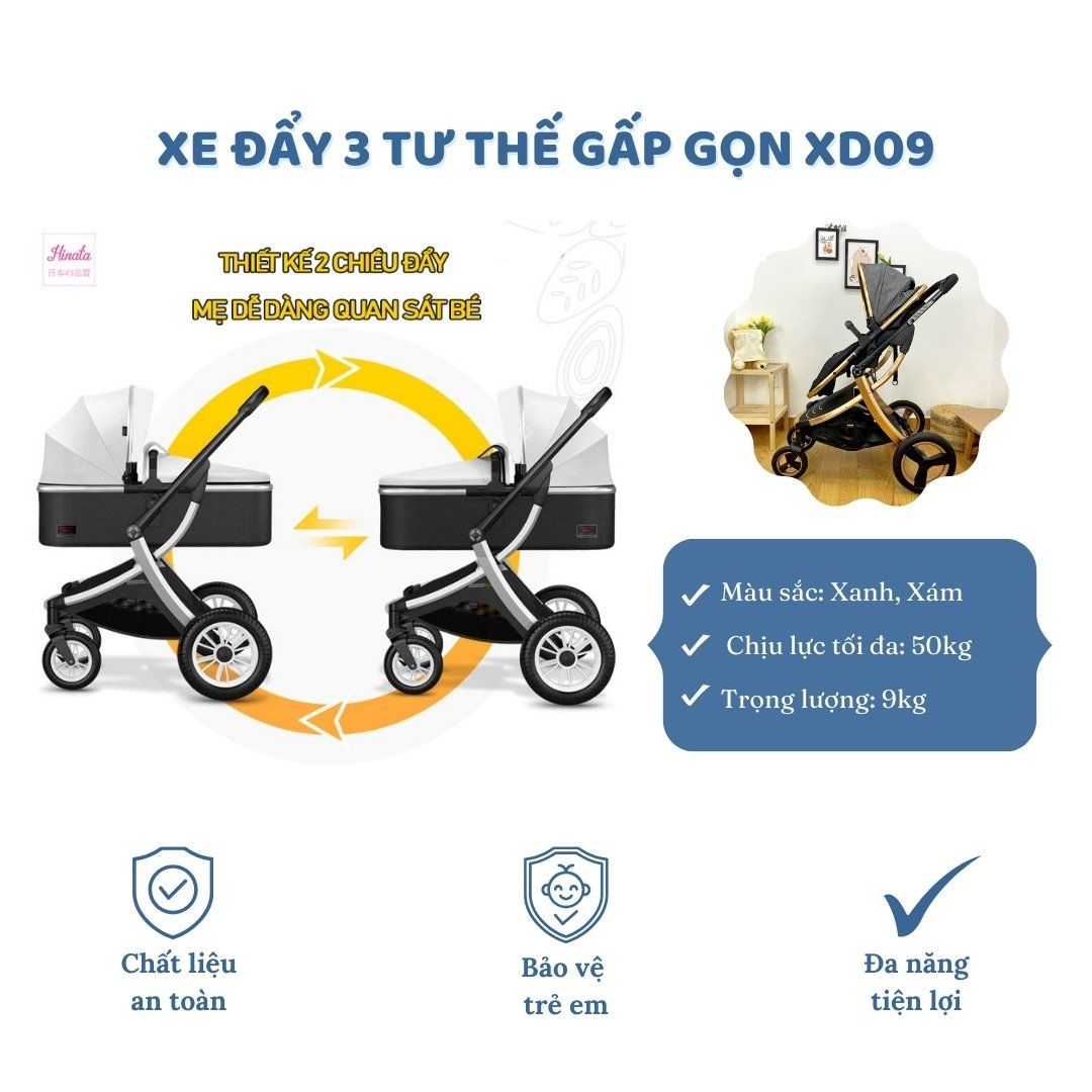 Xe đẩy nôi di động XD09 - 2 chiều đẩy thuận tiện - Điều chỉnh 3 tư thế