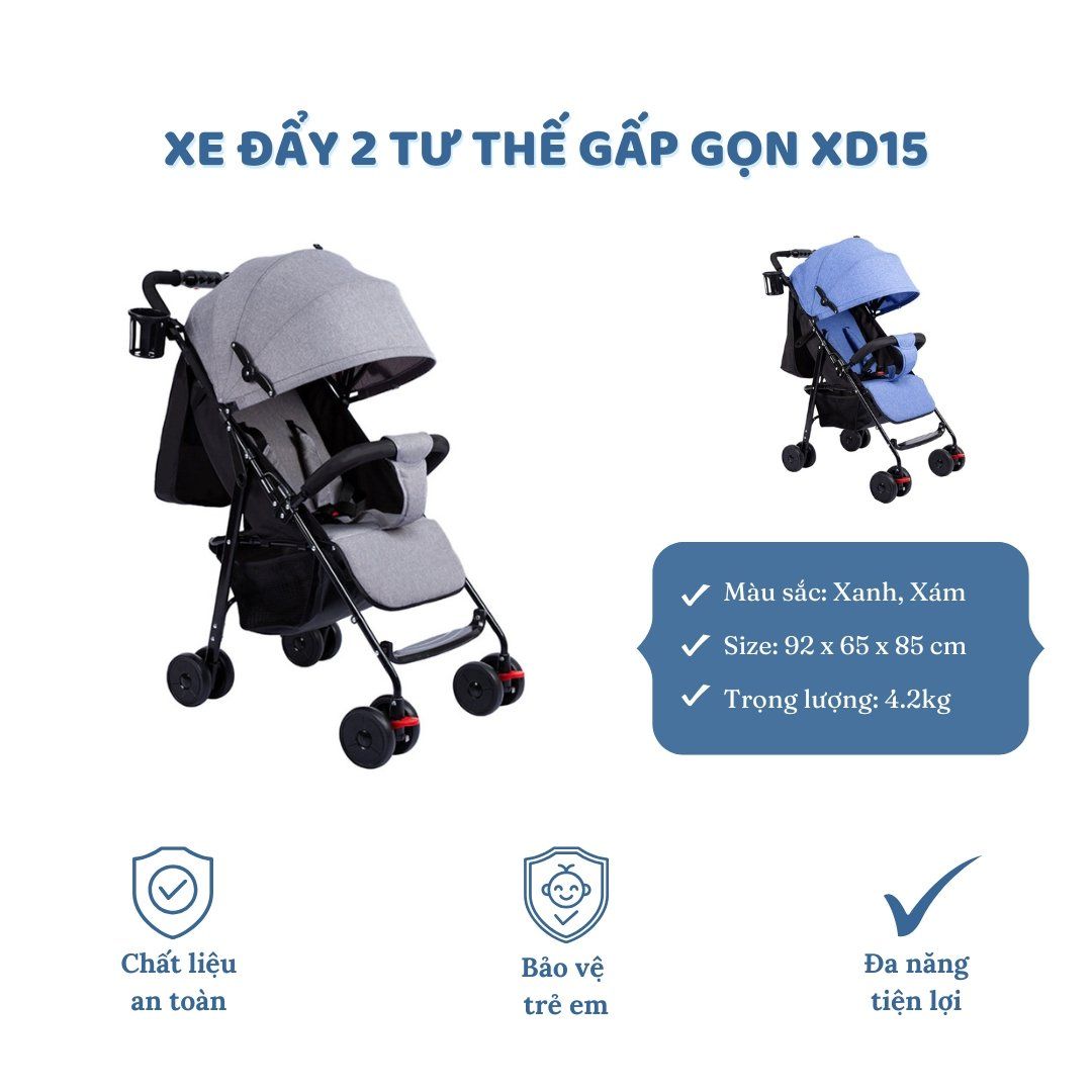 Xe đẩy em bé 2 tư thế ngồi và nằm gọn nhẹ chống gù lưng, giảm sóc XD15 Hinata Nhật Bản