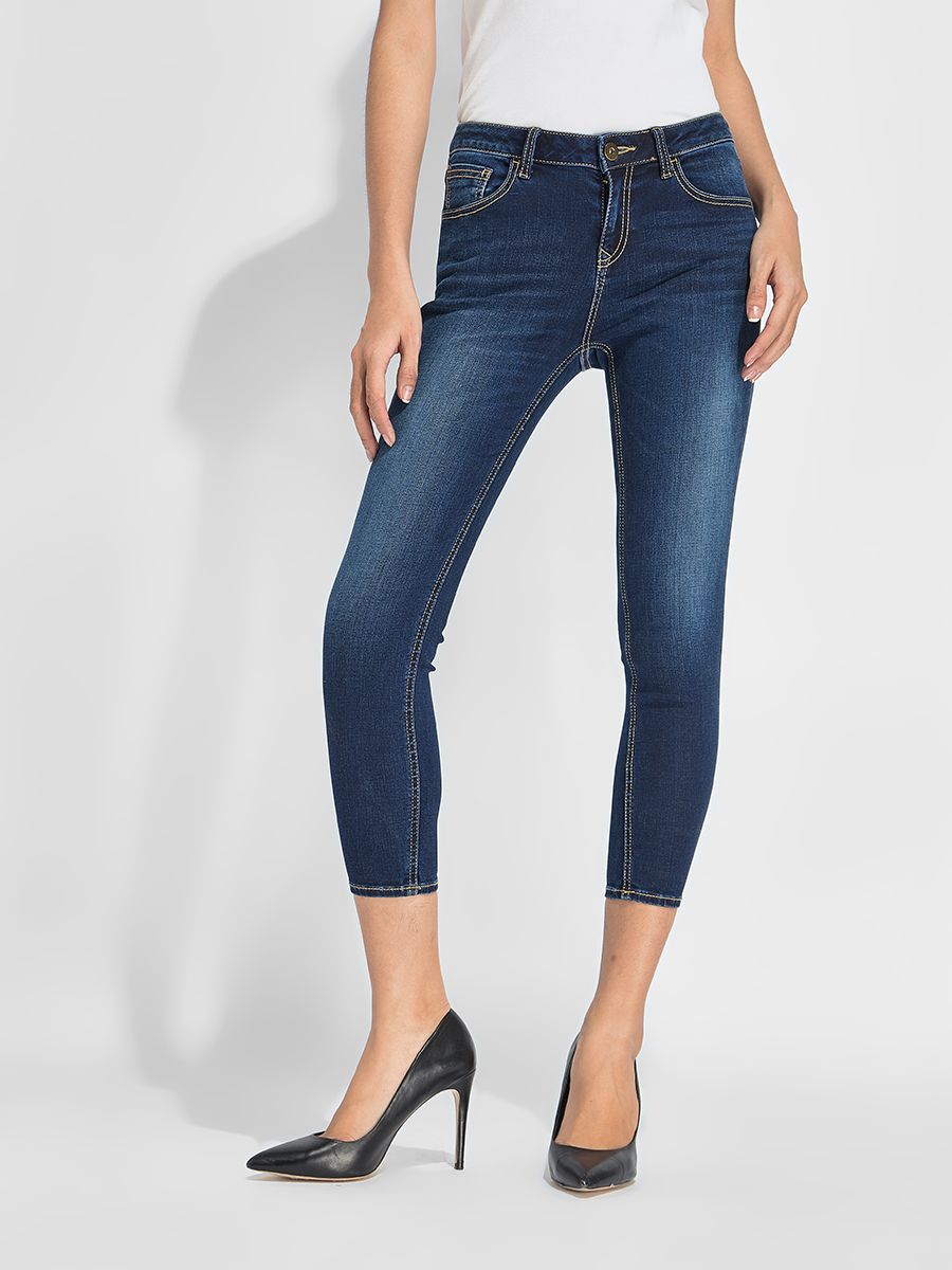 Quần dài jeans nữ cạp vừa màu đậm chỉ nổi SJW-971-48