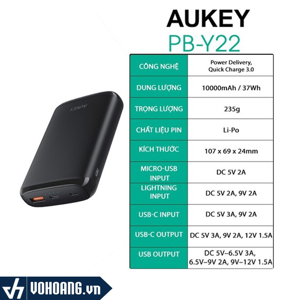 Aukey PB-Y22 | Pin Sạc Dự Phòng Dung Lượng 10.000mAh | Hỗ Trợ Sạc Nhanh 3.0 | Hàng Chính Hãng