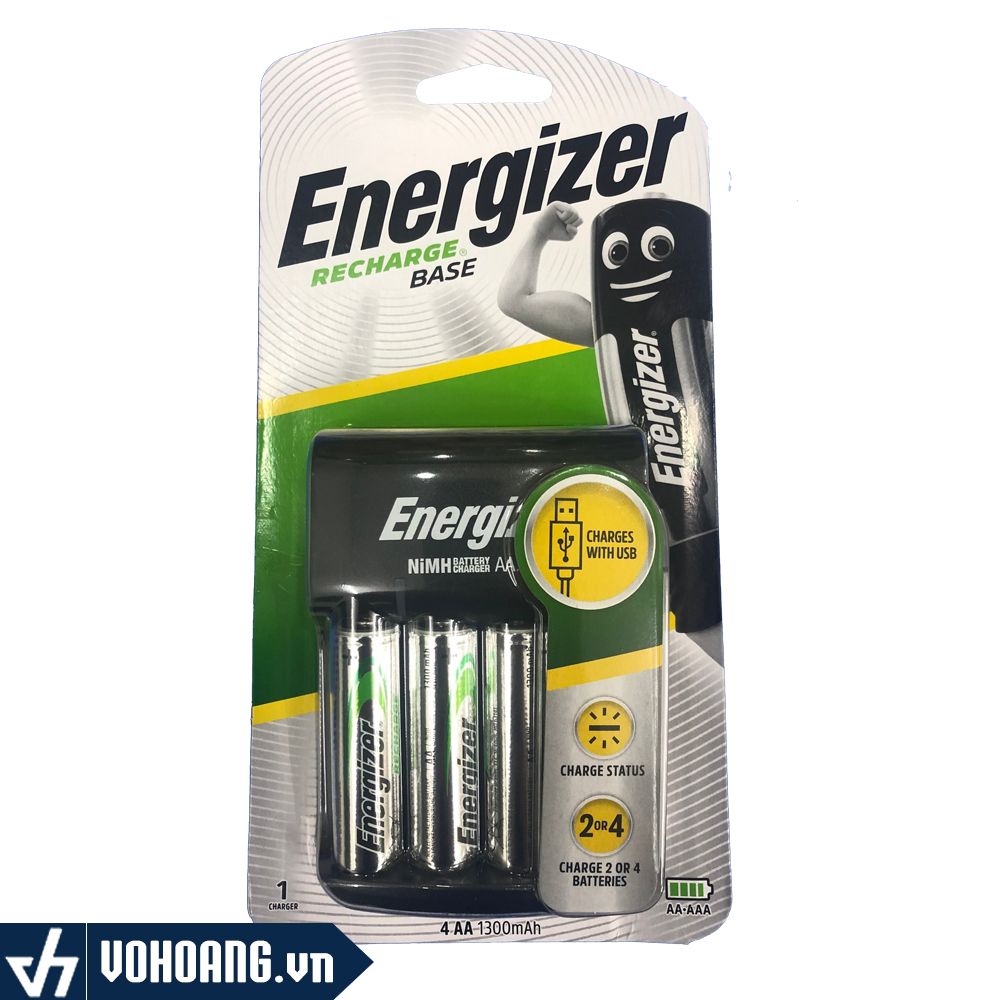 Energizer Base CHVC5 | Bộ Sạc Kèm 4 Pin 1.300mAh Nguồn USB Chính Hãng