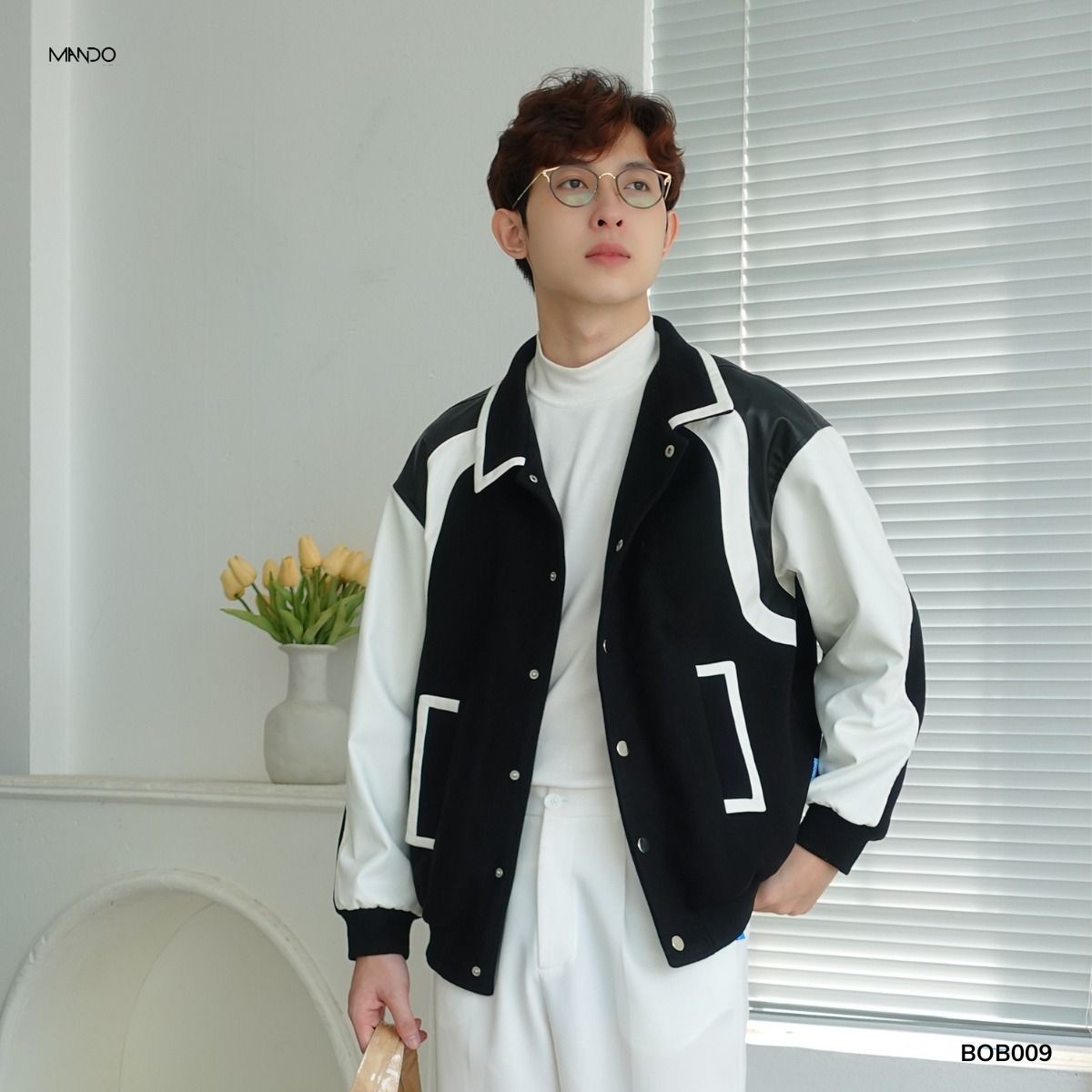  Áo Khoác Bomber Varsity Nam MANDO Vải Dạ Phối Tay Da Form Rộng Phong Cách Unisex Thời Trang Hàn Quốc BOB009 