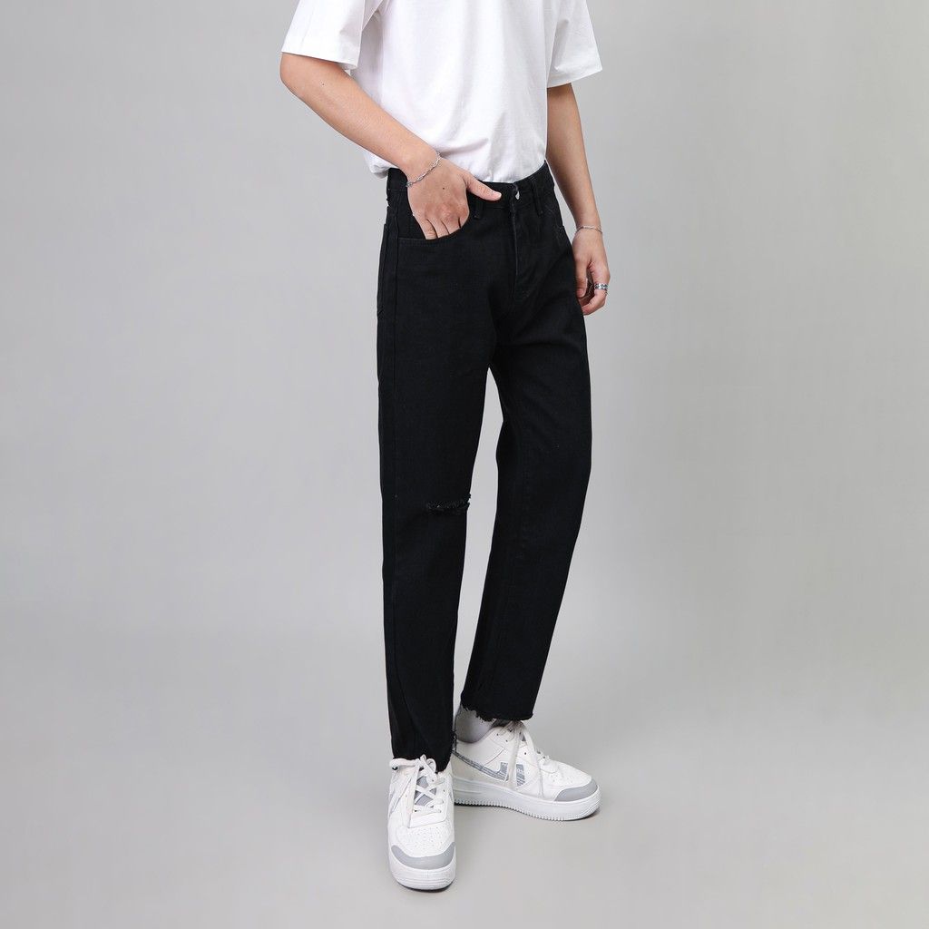  Quần Jean Nam Rách Gối MANDO Vải Bò Cao Cấp 2 Màu Xanh Đen Form Suông Rộng Basic Unisex Thời Trang Hàn Quốc QJN056 