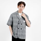  Áo Blazer Vest 1 Lớp Nam MANDO Tay Lỡ Vải Tuysi Họa Tiết Caro Xám 2 Hàng Khuyu Basic Unisex Thời Trang Hàn Quốc AVH009 