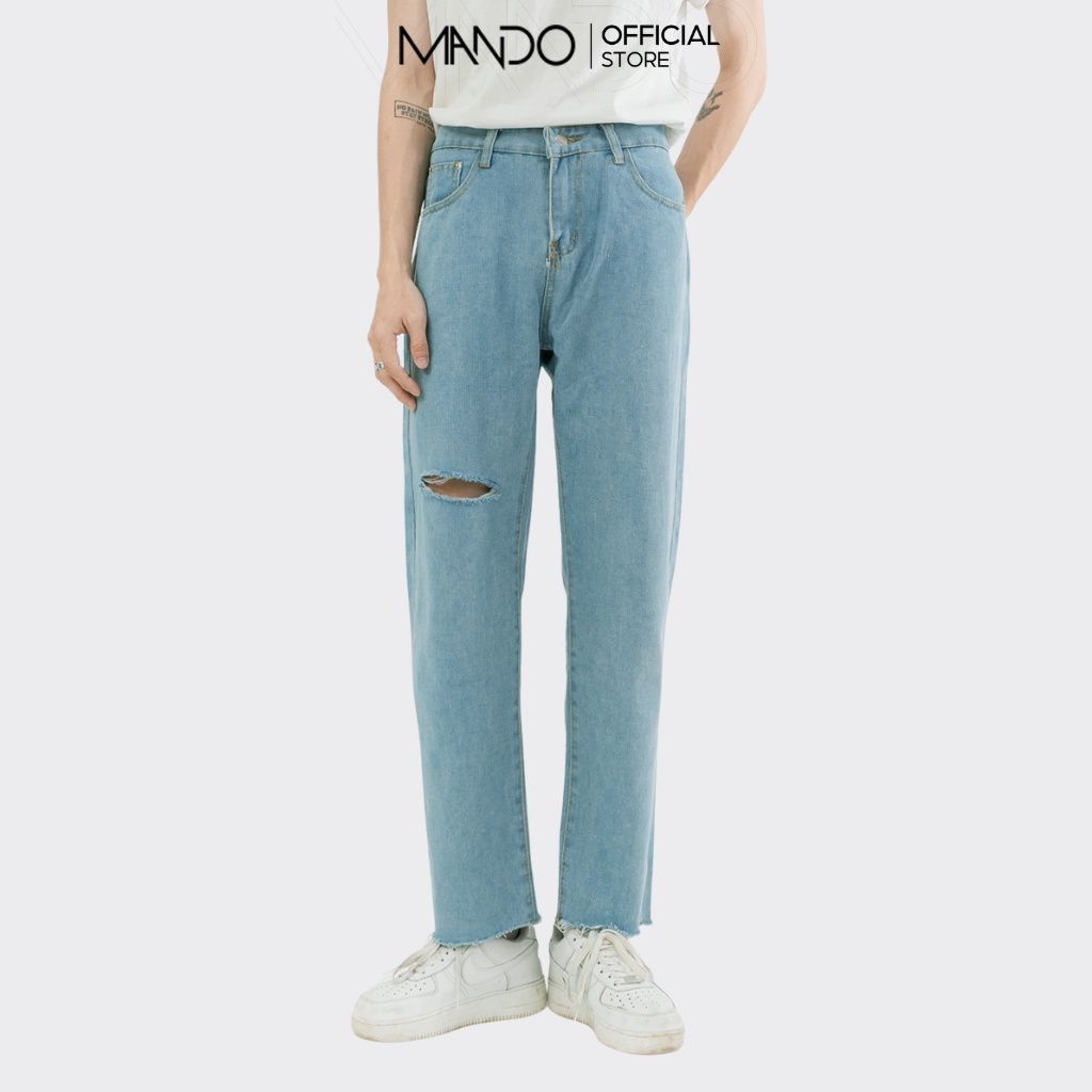  Quần Jean Nam Rách Gối MANDO Vải Bò Cao Cấp 2 Màu Xanh Đen Form Suông Rộng Basic Unisex Thời Trang Hàn Quốc QJN056 