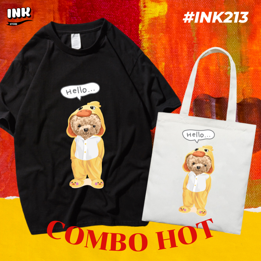 COMBO HOT: Áo thun + túi canvas TEDDY BEAR HELLO INK213