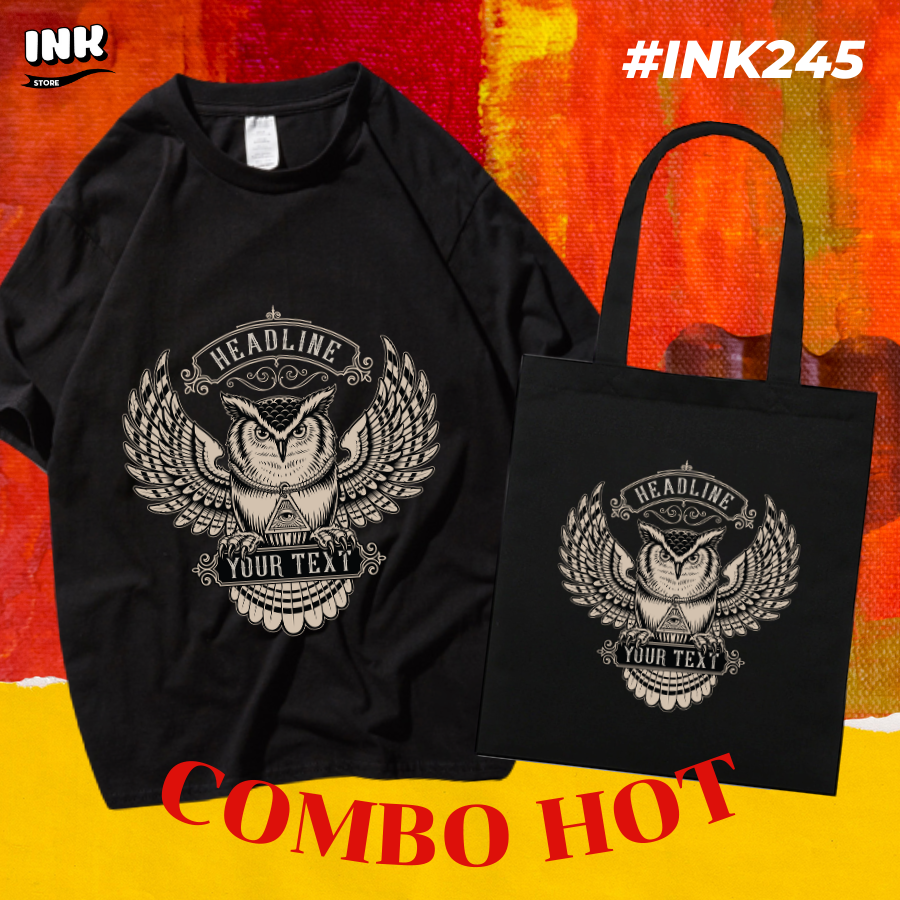 COMBO HOT: Áo thun + túi canvas HỌA TIẾT CÚ MÈO INK245