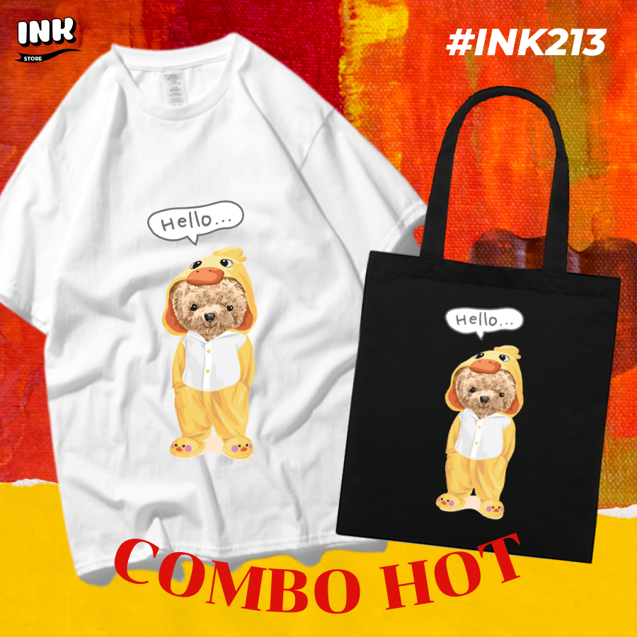 COMBO HOT: Áo thun + túi canvas TEDDY BEAR HELLO INK213