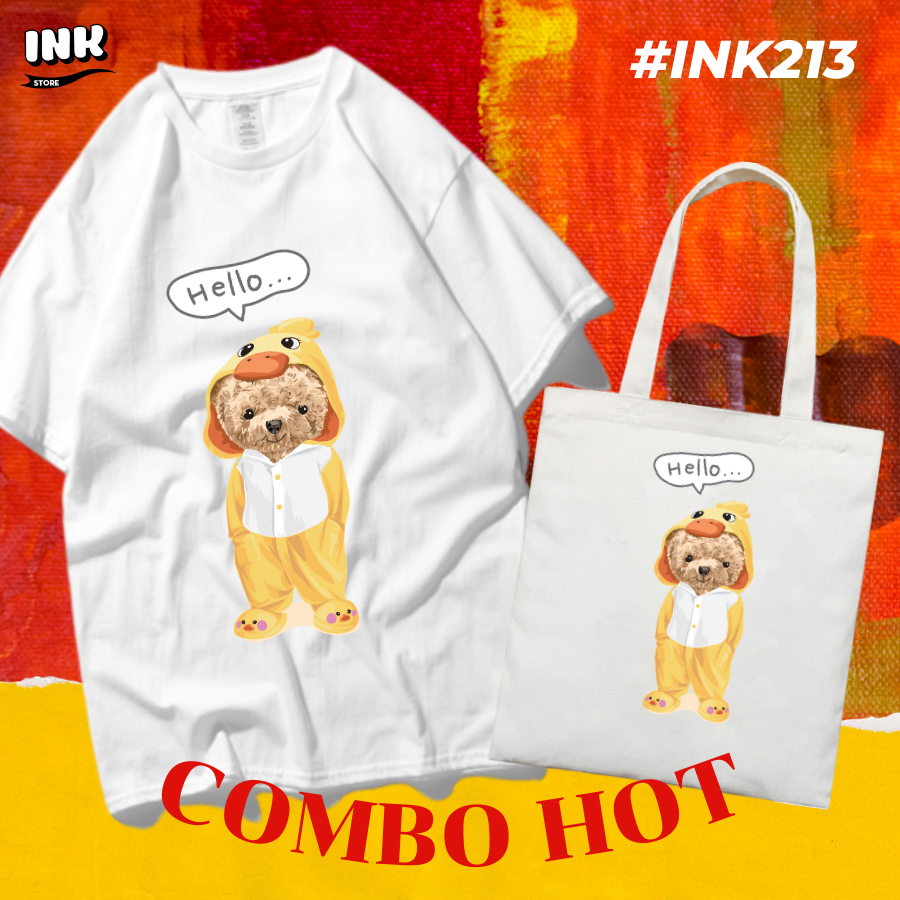 COMBO HOT: Áo thun + túi canvas TEDDY BEAR HELLO INK213
