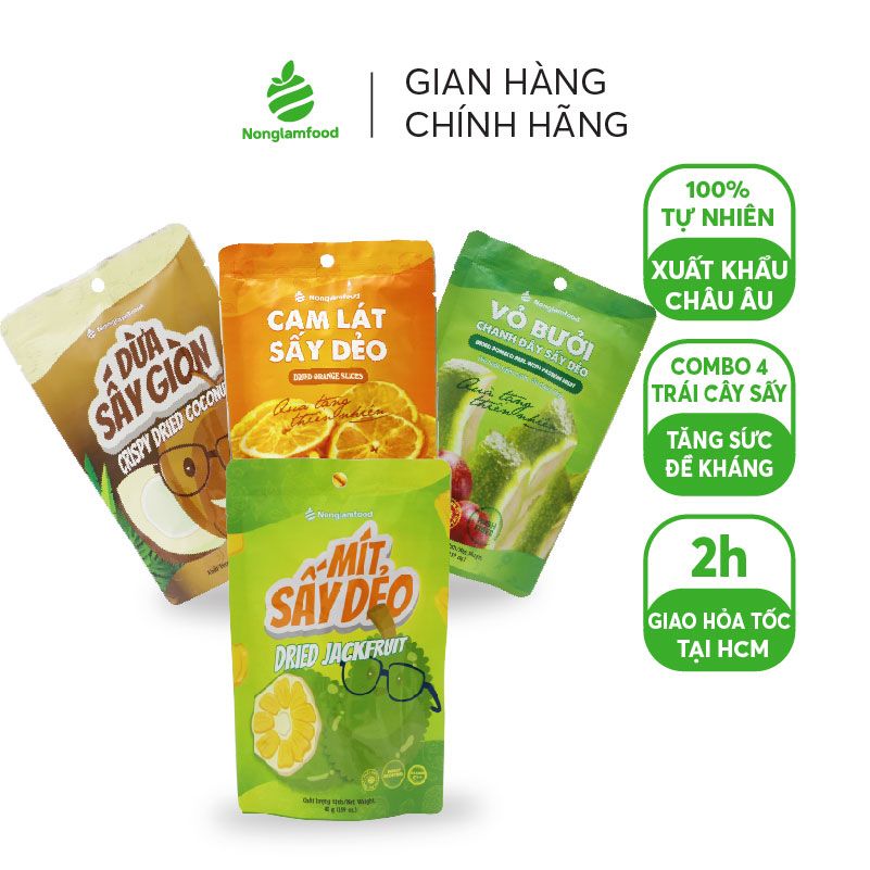 Trái cây sấy ăn vặt tăng đề kháng Nonglamfood (Cam lát 45g, Mít 45g, Bưởi chanh dây 45g, Dừa giòn 45g)