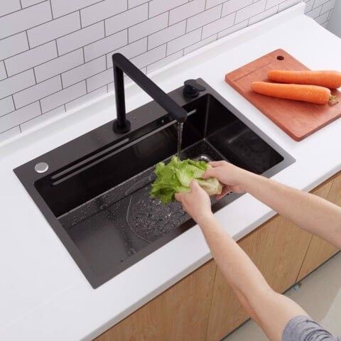 Chậu rửa bát một hố nano đen cỡ lớn 75x45cm