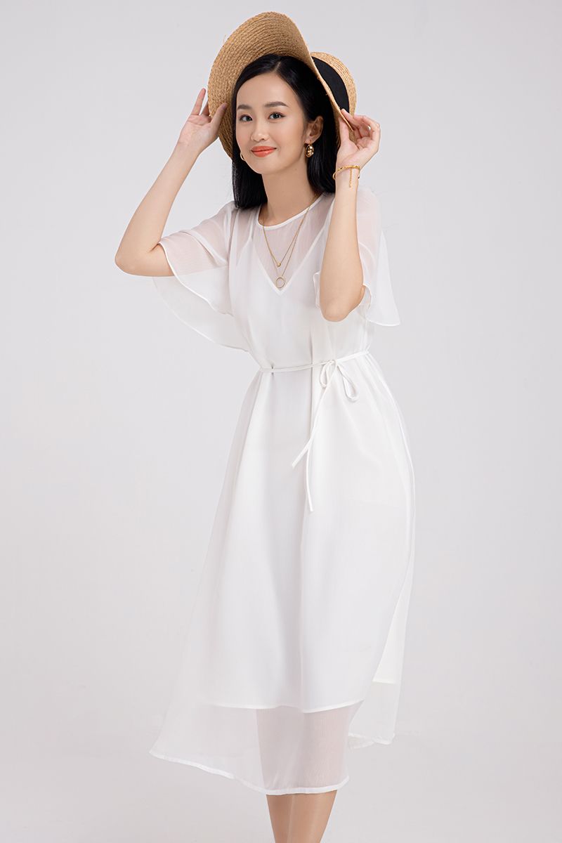 Đầm voan 2 lớp eo thắt dây nữ tính FWDR21SS34L