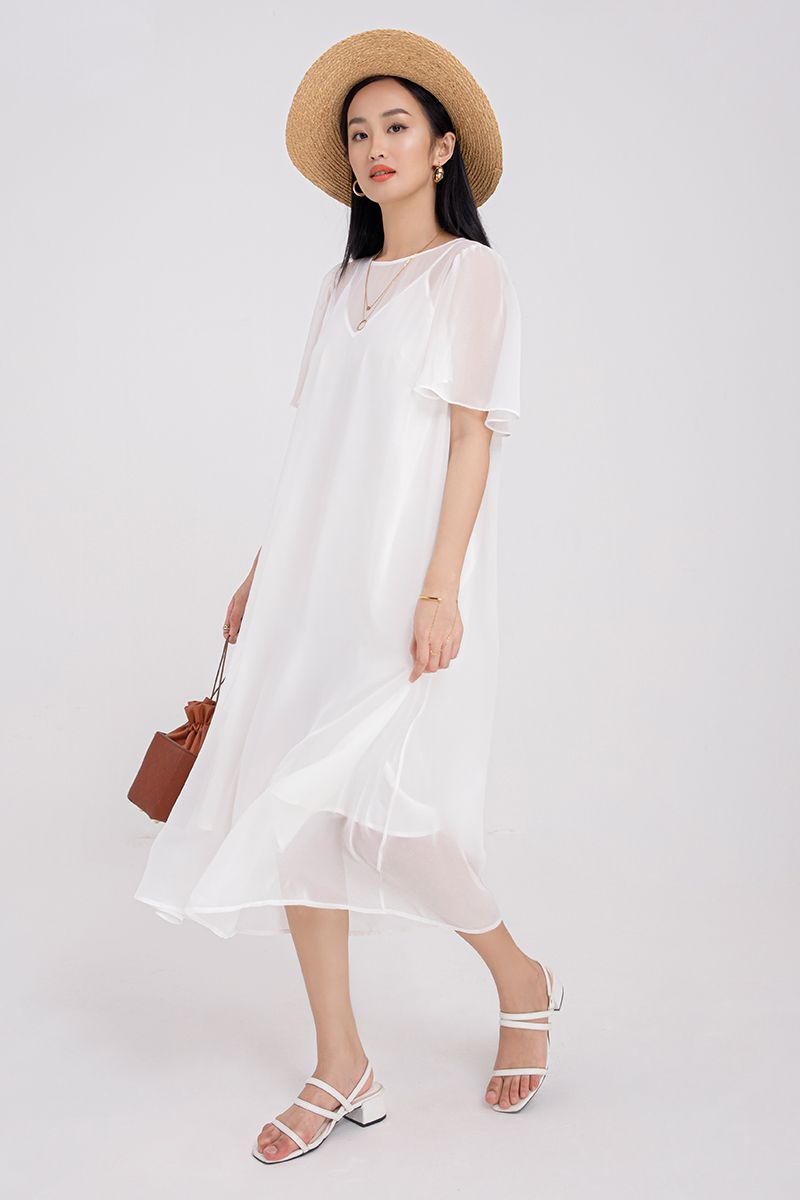 Đầm voan 2 lớp eo thắt dây nữ tính FWDR21SS34L