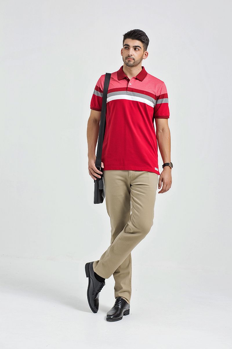 Áo thun cổ bẻ form vừa sọc ngang KS21SS09C-SCHE