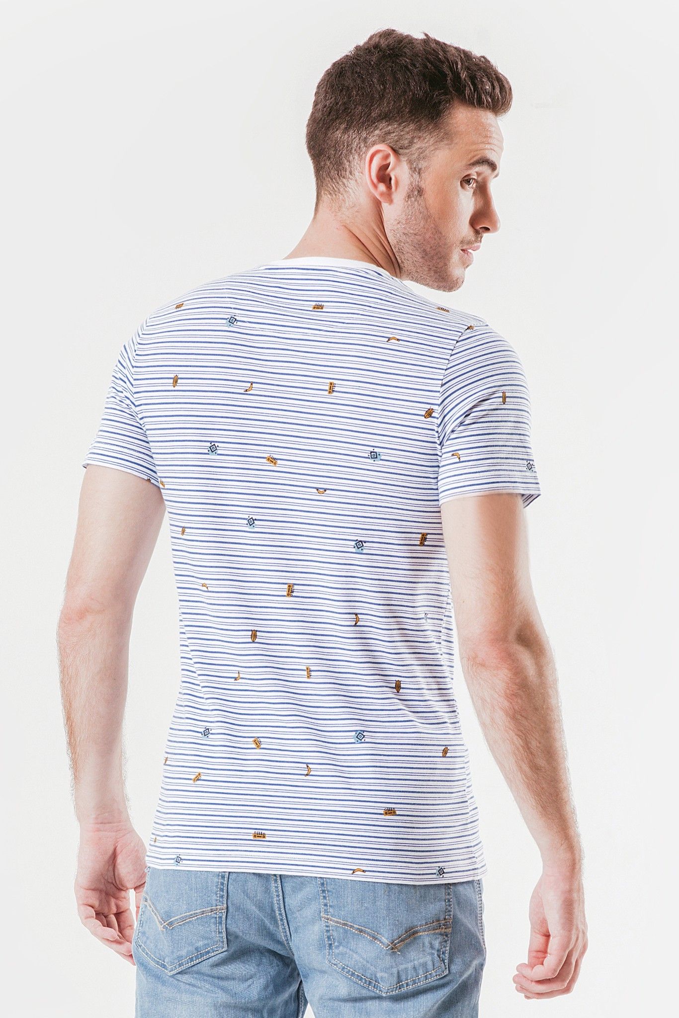 Áo thun nam cổ tròn tay ngắn cotton sọc in họa tiết vải TS19FH07C-SC