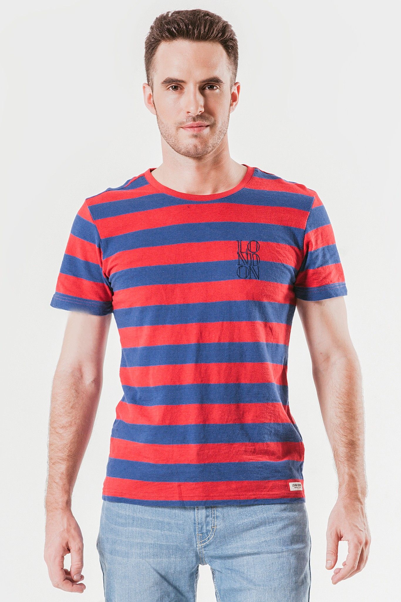 Áo thun nam cổ tròn tay ngắn cotton sọc ngang thêu trên ngực TS19FH30T-SC