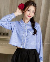 TUBYCATU | ÁO CROPTOP SƠ MI SỌC MỘT TÚI PHỐI REN