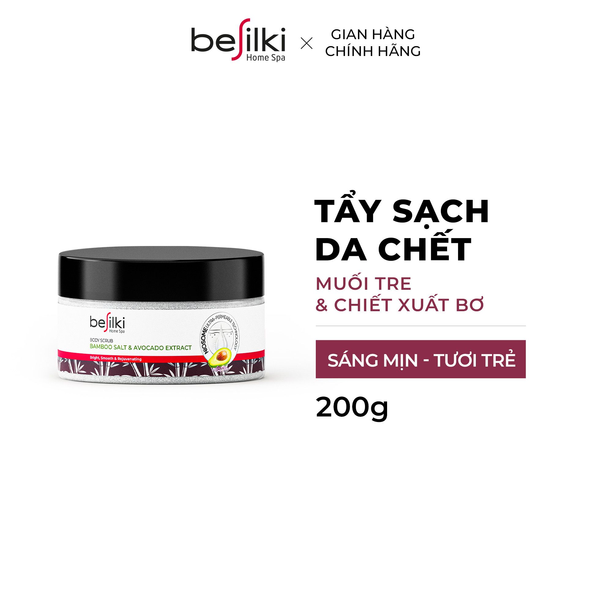  Tẩy tế bào chết body Besilki từ muối tre & chiết xuất bơ giúp da sáng mịn x10 lần, trẻ hóa da 200g 