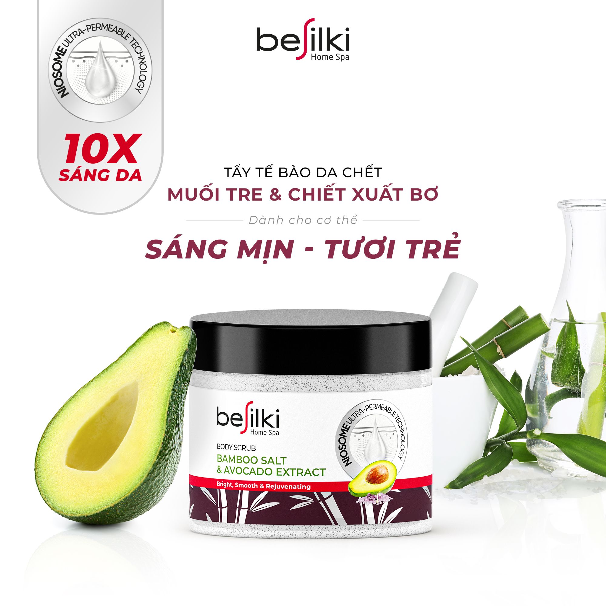  Tẩy tế bào chết body Besilki từ muối tre & chiết xuất bơ giúp da sáng mịn x10 lần, trẻ hóa da 350g 