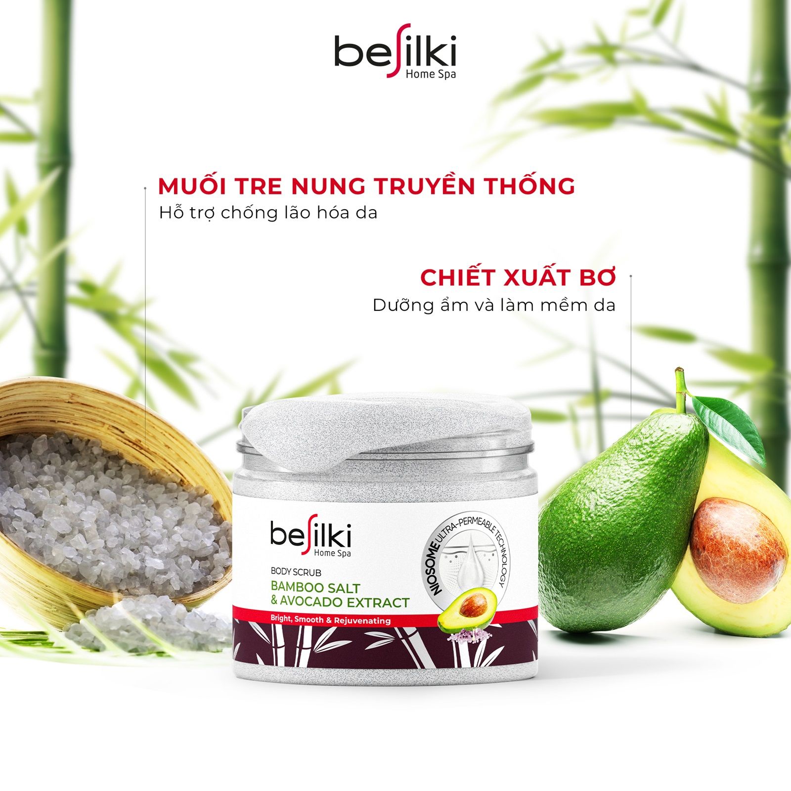  Tẩy tế bào chết body Besilki từ muối tre & chiết xuất bơ giúp da sáng mịn x10 lần, trẻ hóa da 200g 