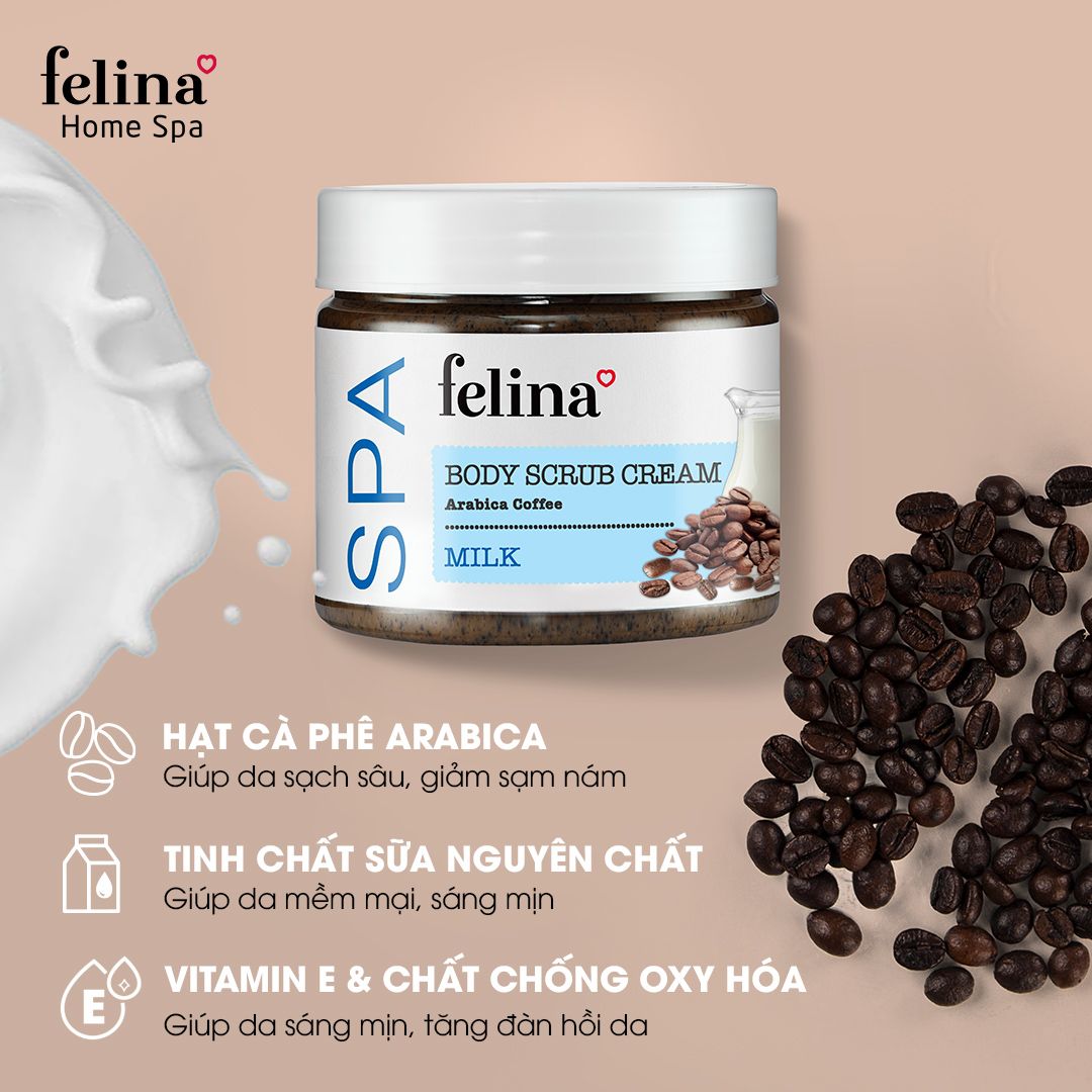  Kem tắm tẩy tế bào chết body Felina Home Spa 400g từ hạt cà phê và tinh chất sữa 