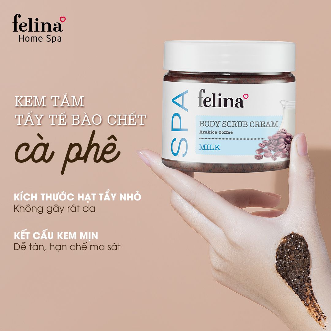  Kem tắm tẩy tế bào chết body Felina Home Spa 400g từ hạt cà phê và tinh chất sữa 