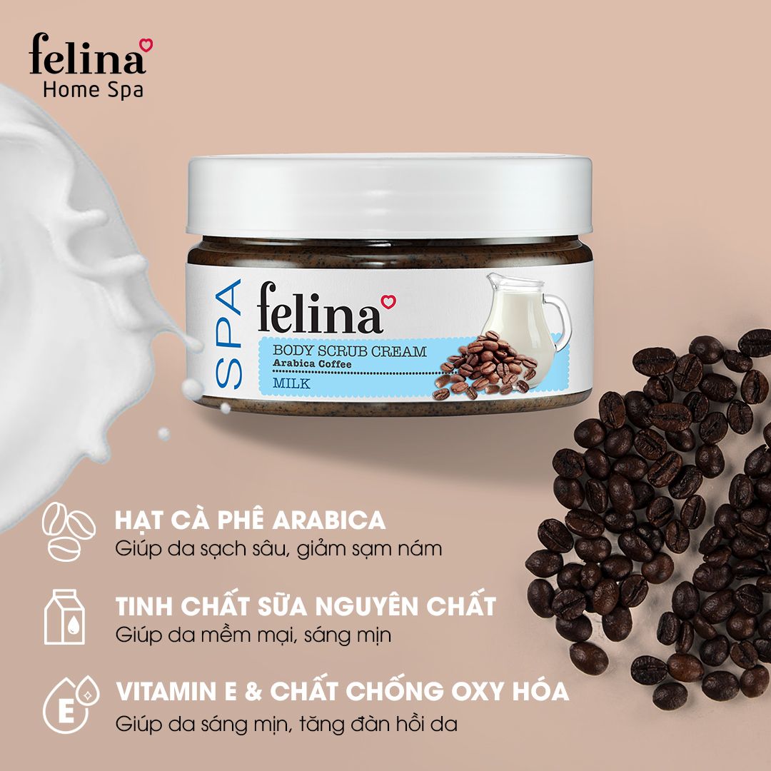  Kem tắm tẩy tế bào chết body Felina Home Spa 220g từ hạt cà phê và tinh chất sữa 