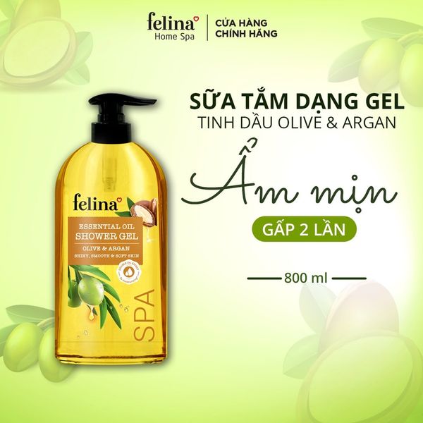 Sữa Tắm Dưỡng Thể Dạng Gel Felina Home Spa 800ml tinh dầu Oliu & Argan dưỡng ẩm giúp da mềm mịn, căng mướt gấp 2 lần