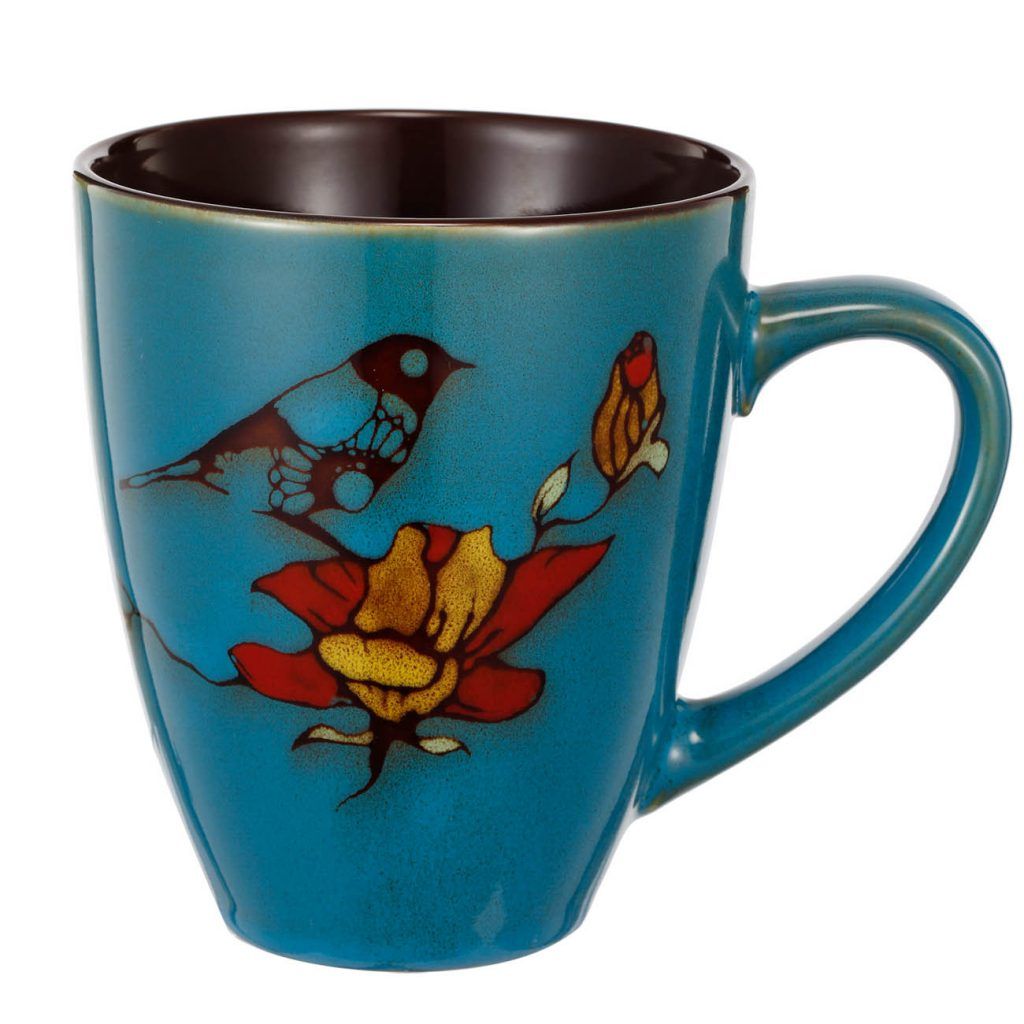 Ly sứ, hình con chim + bông, Xanh dương+nâu