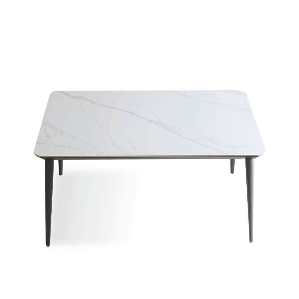 Bàn ăn, mặt ceramic trắng vân xám, chân kim loại xám bạc, 140*80*75cm