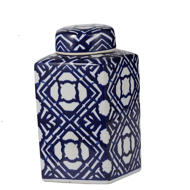 Bình, sứ, xanh dương/trắng, có nắp,13.46 X 13.46 X 25.4cm