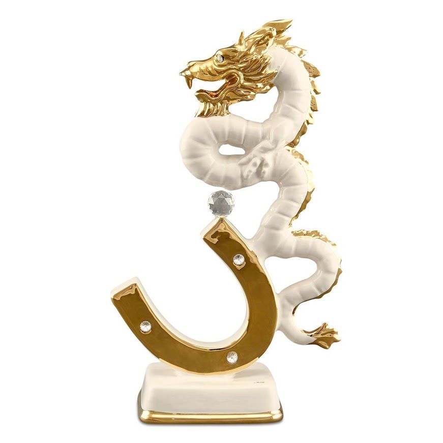 Tượng gốm rồng trên móng ngựa, màu trắng mạ vàng