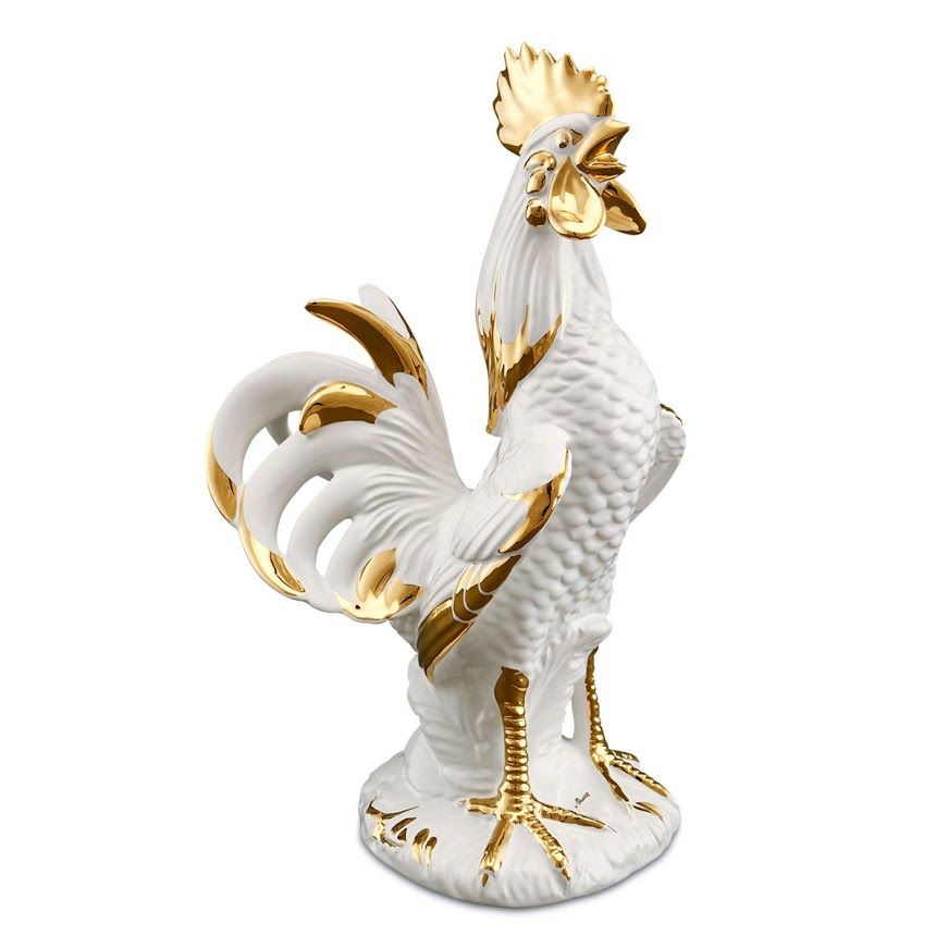 Tượng gốm gà gáy, màu trắng mạ vàng